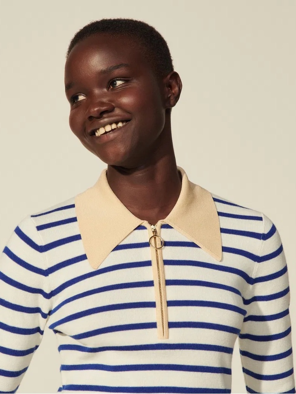 Sandro Blue & White Striped Zip Polo Top - Picture 3 of 8